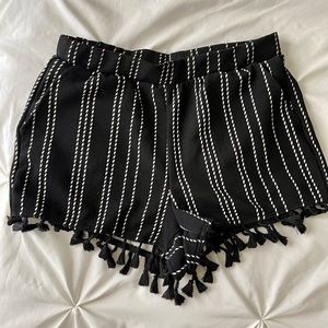 Black and White Striped Shorts with Tassels